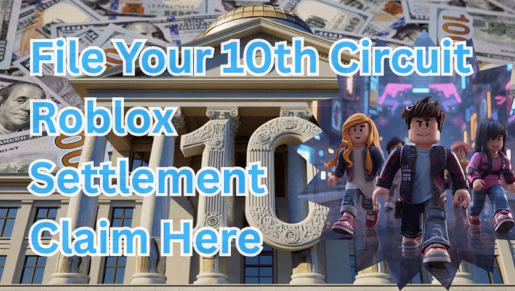 File Your 10th Circuit Roblox Settlement Claim Here text on depiction of Tenth Circuit court with avatars and high-value cash backdrop.