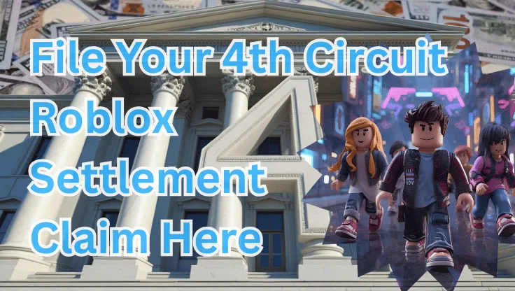 File Your 4th Circuit Roblox Settlement Claim Here text on depiction of Fourth Circuit court with avatars and high-value cash backdrop.