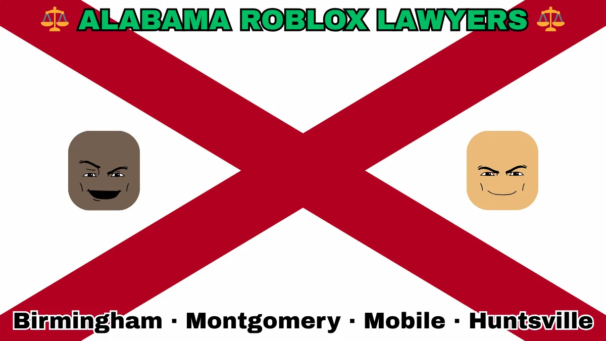 ALABAMA ROBLOX LAWYERS: Birmingham, Montgomery, Mobile, and Huntsville text on AL state flag adorned with game predators depicted near a red St. Andrew's cross on a white background.