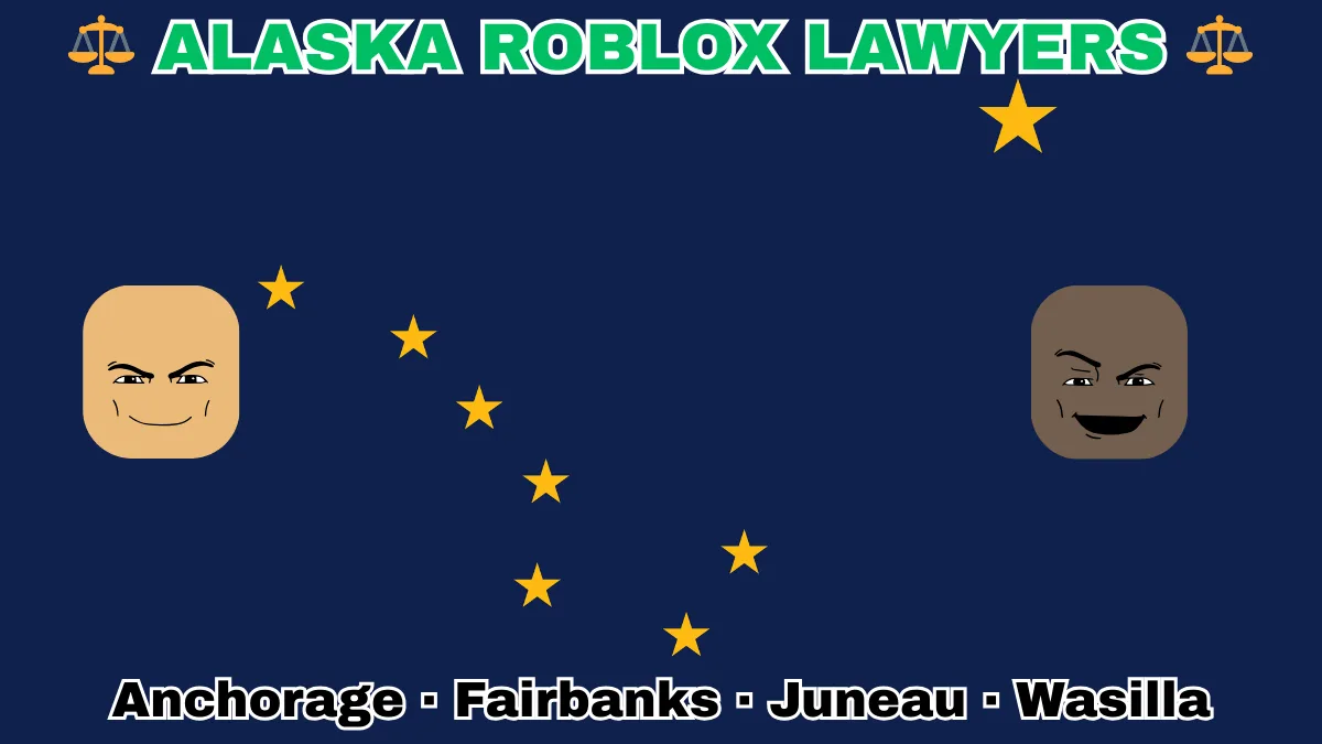 ALASKA ROBLOX LAWYERS: Anchorage, Fairbanks, Juneau, and Wasilla text on AK state flag adorned with game predators depicted on a blue field near the Big Dipper and North Star.
