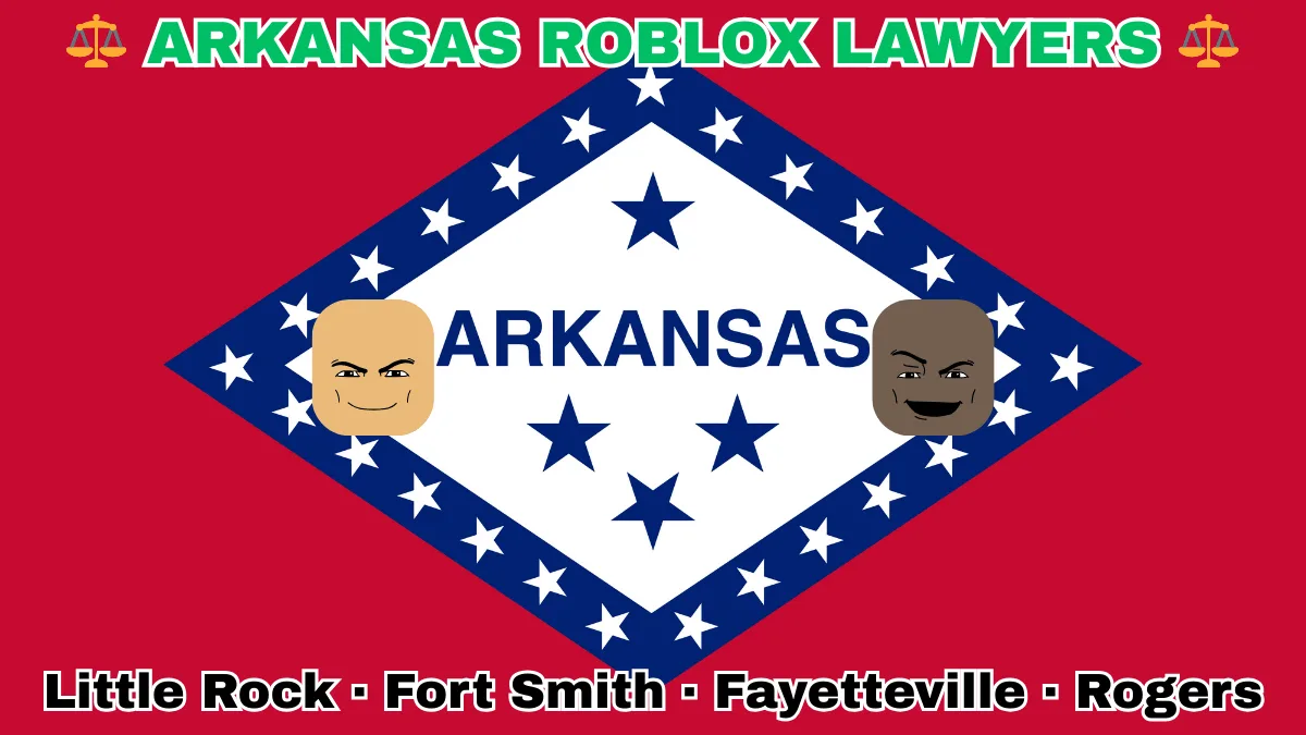ARKANSAS ROBLOX LAWYERS: Little Rock, Fort Smith, Fayetteville, and Rogers text on AR state flag adorned with game predators depicted on a diamond-shaped border lined with stars