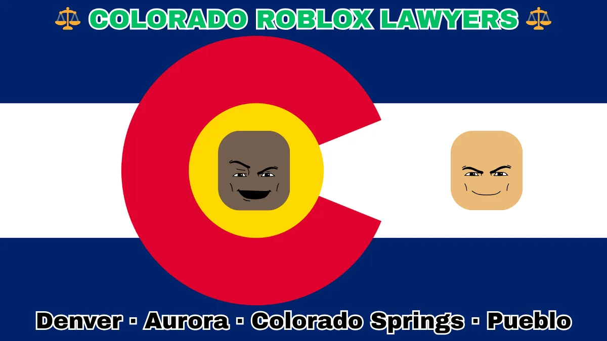 COLORADO ROBLOX LAWYERS: Denver, Aurora, Colorado Springs, and Pueblo text on CO state flag adorned with game predators depicted near an old red "C" with a golden circle on blue and white stripes