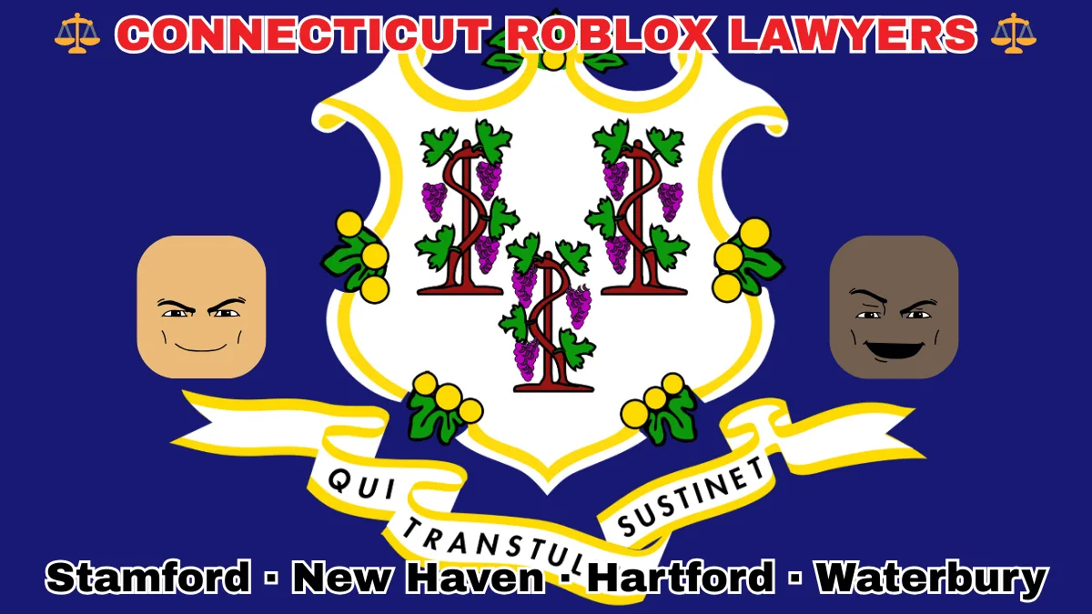 CONNECTICUT ROBLOX LAWYERS: Stamford, New Haven, Hartford, and Waterbury text on CT state flag adorned with game predators depicted on a blue field near a white shield and three grapevines