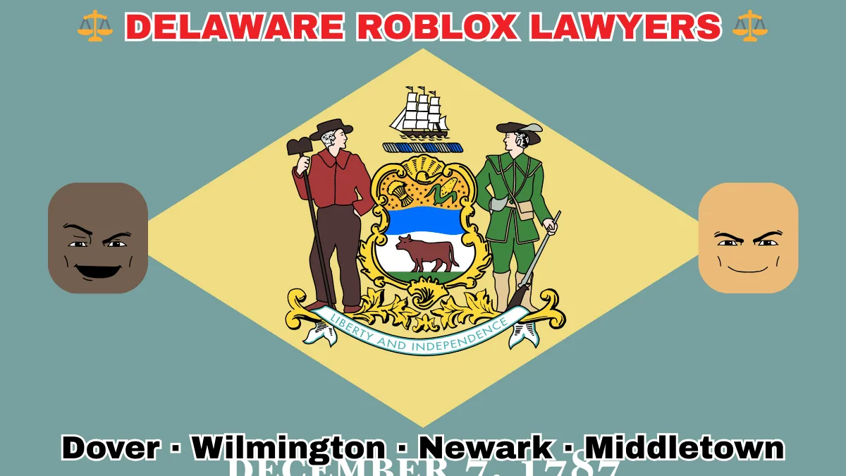 DELAWARE ROBLOX LAWYERS: Dover, Wilmington, Newark, and Middletown text on DE state flag adorned with game predators depicted near a coat of arms and 1787 date