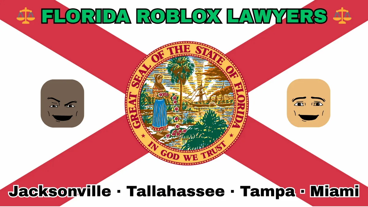 FLORIDA ROBLOX LAWYERS: Jacksonville, Tallahassee, Tampa, and Miami text on FL state flag adorned with game predators depicted near a red cross and SEAL of a Seminole woman scattering flowers by a shoreline with a boat, palm trees, and sunlight.