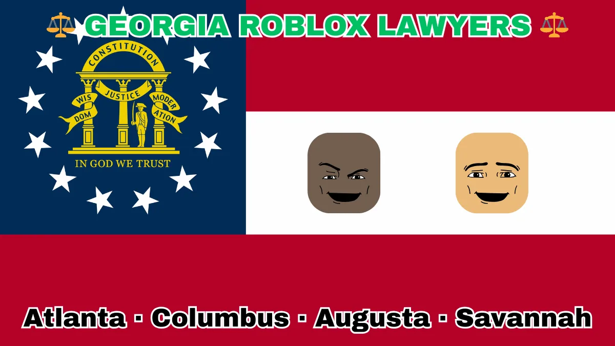 GEORGIA ROBLOX LAWYERS: Atlanta, Columbus, Augusta, and Savannah text on GA state flag adorned with game predators depicted near a gold arch on blue canton with three pillars and 13 white stars, next to three thick red and white stripes.