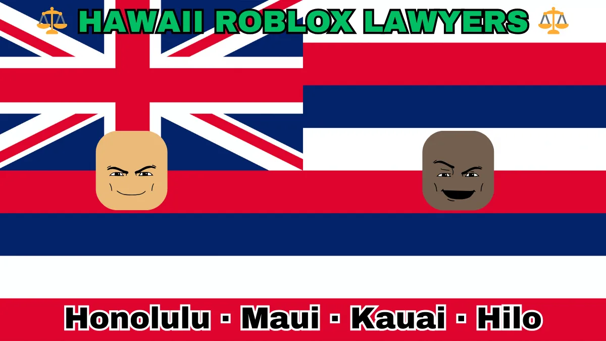 HAWAII ROBLOX LAWYERS: Honolulu, Maui, Kauai, and Hilo text on HI state flag adorned with game predators depicted near a Union Jack featuring eight red, white, and blue stripes