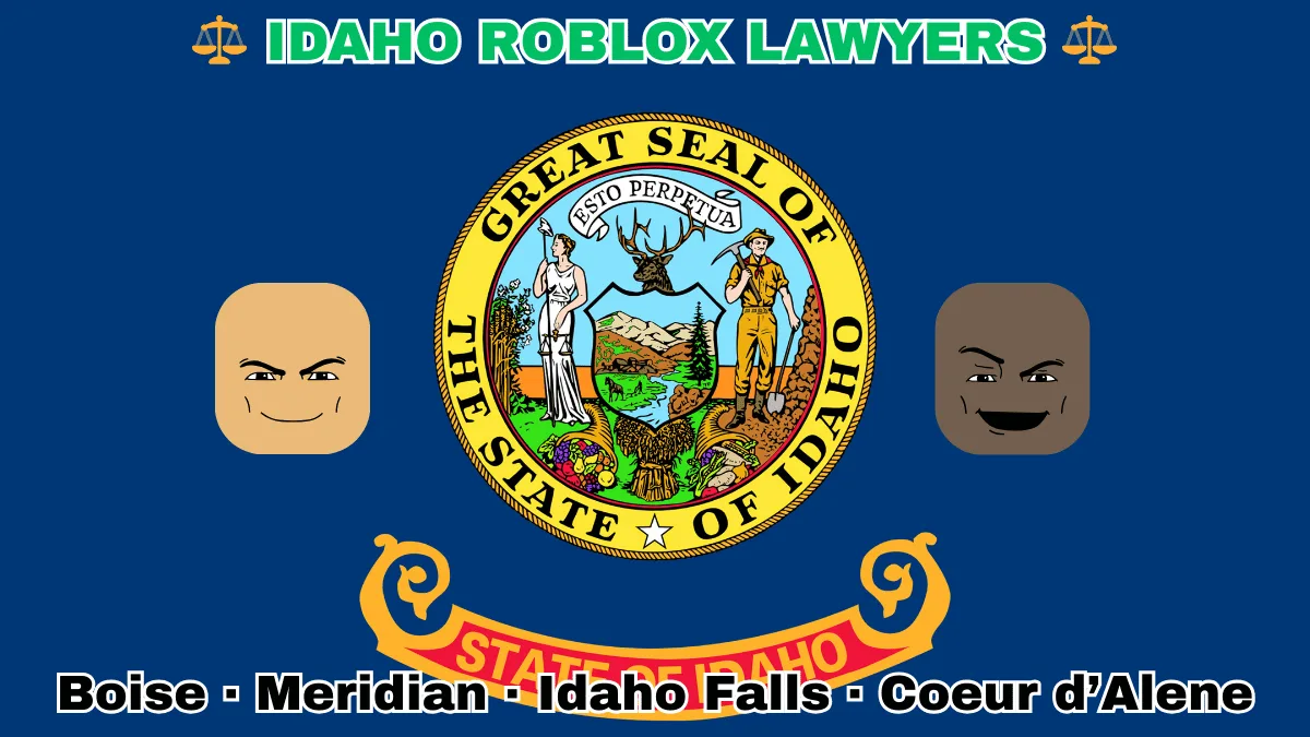 IDAHO ROBLOX LAWYERS: Boise, Meridian, Idaho Falls, and Coeur d’Alene text on ID state flag adorned with game predators depicted on a blue field near the official seal and banner