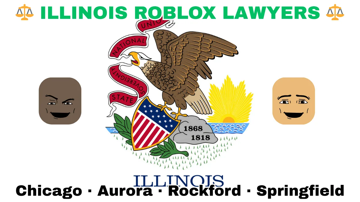 ILLINOIS ROBLOX LAWYERS: Chicago, Aurora, Rockford, and Springfield text on IL state flag adorned with game predators depicted near a bald eagle perched on a rock and holding a shield, as the sun shines bright.