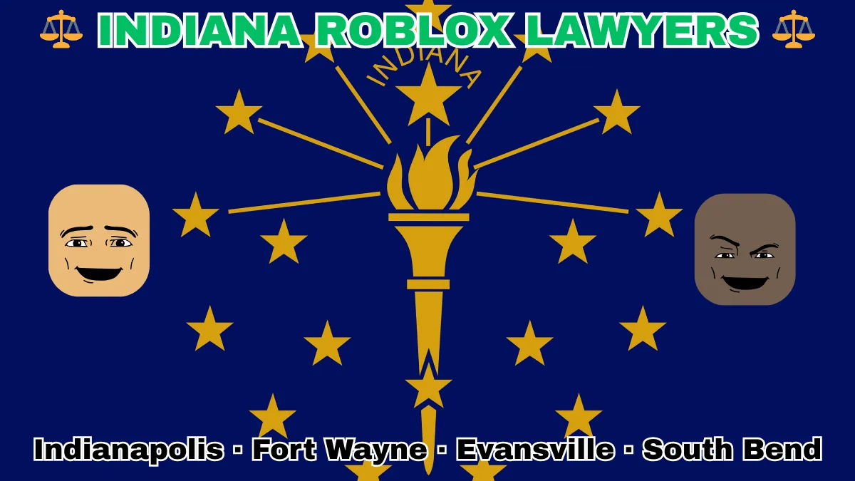 INDIANA ROBLOX LAWYERS: Indianapolis, Fort Wayne, Evansville, and South Bend text on IN state flag adorned with game predators depicted near a gold torch and stars.