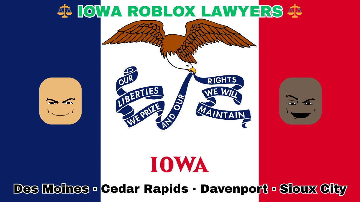 IOWA ROBLOX LAWYERS: Boise, Meridian, Idaho Falls, Coeur d'Alene text on IA state flag adorned with game predators depicted along blue, white, and red vertical stripes near an eagle and banner