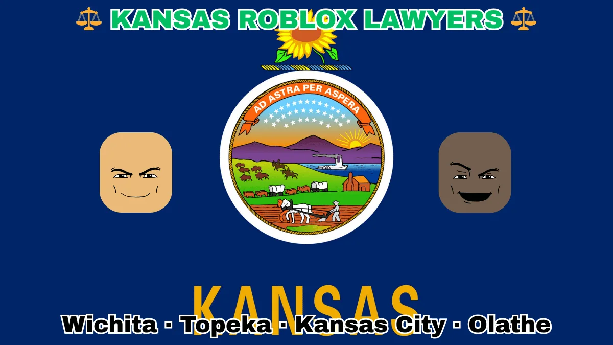 KANSAS ROBLOX LAWYERS: Wichita, Kansas City, Olathe, and Topeka text on KS state flag adorned with game predators depicted on a blue background near the official seal and a sunflower emblem