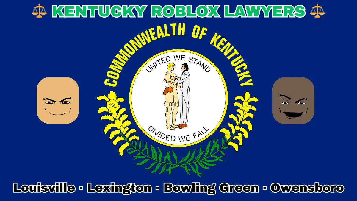 KENTUCKY ROBLOX LAWYERS: Louisville, Lexington, Bowling Green, and Owensboro text on KY state flag adorned with game predators depicted on a blue field near the official seal and “UNITED WE STAND” motto