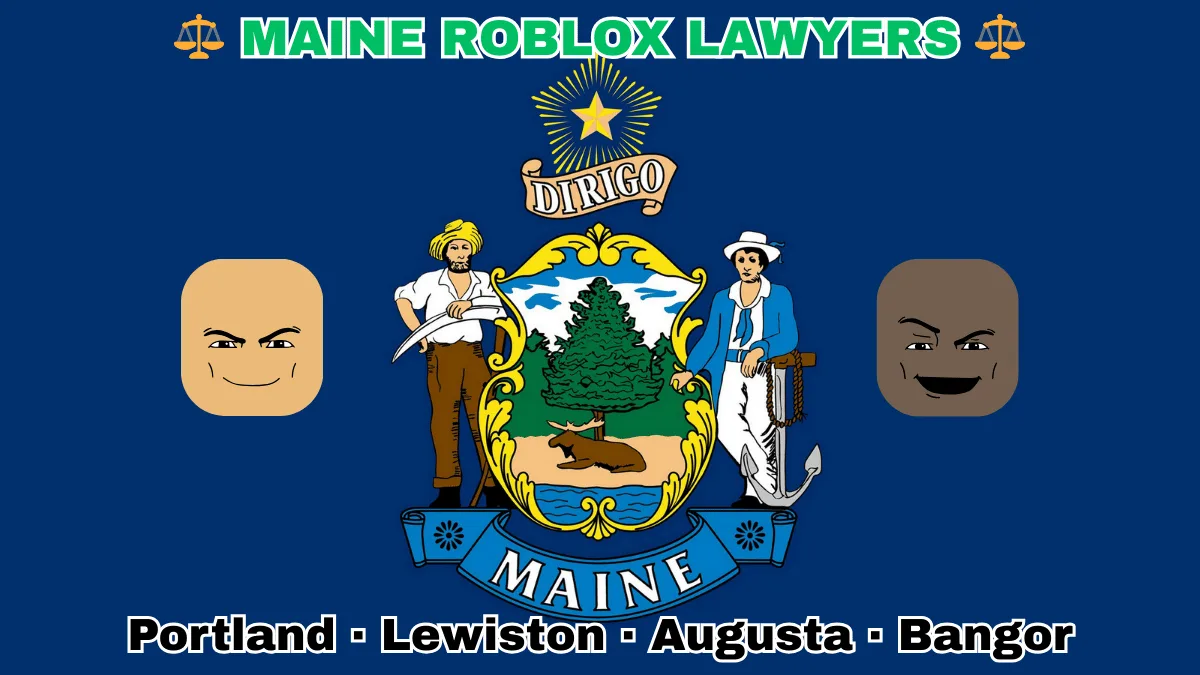 MAINE ROBLOX LAWYERS: Portland, Lewiston, Augusta, and Bangor text on ME state flag adorned with game predators depicted on a blue field near a shield, pine tree, moose, and “DIRIGO” motto