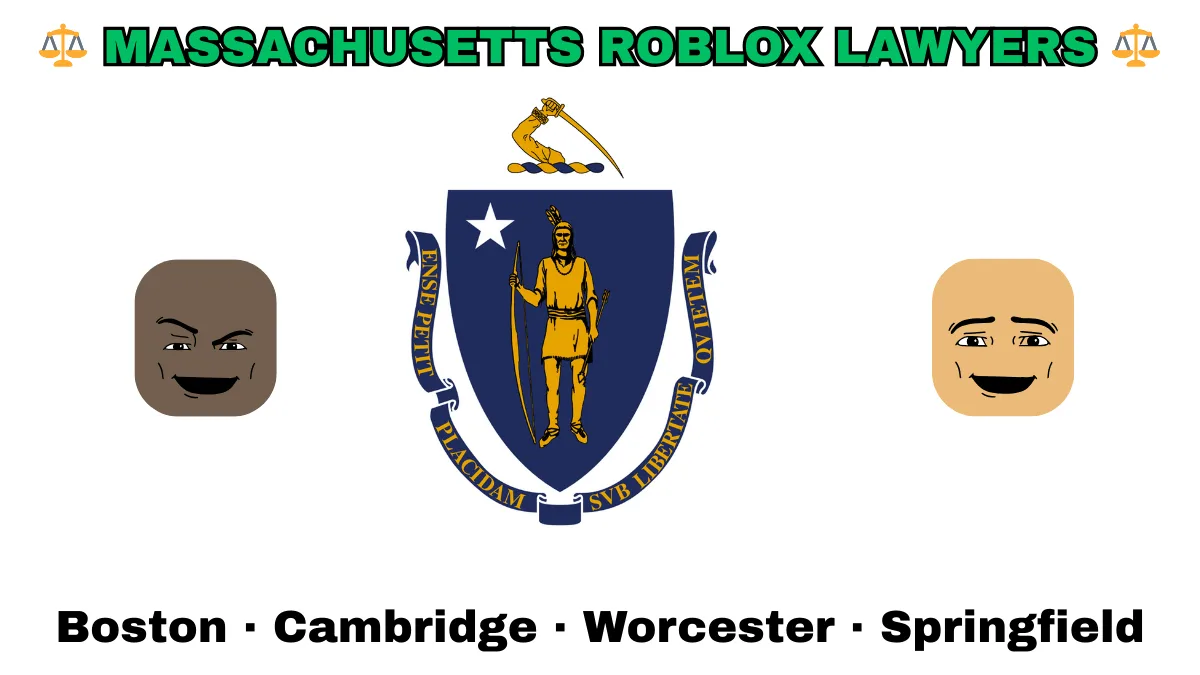MASSACHUSETTS ROBLOX LAWYERS: Boston, Cambridge, Worcester, and Springfield text on MA state flag adorned with game predators depicted near a shield featuring a Native American person with bow and arrow under a star and sword.
