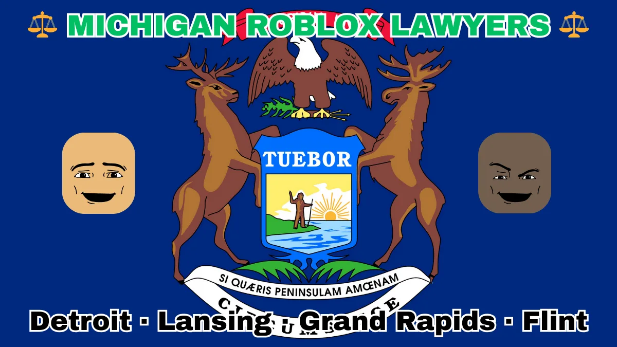 MICHIGAN ROBLOX LAWYERS: Detroit, Lansing, Grand Rapids, and Flint text on MI state flag adorned with game predators depicted near an elk, moose and bald eagle flanking a shield featuring a man standing on a sunny lake with a raised hand and rifle.