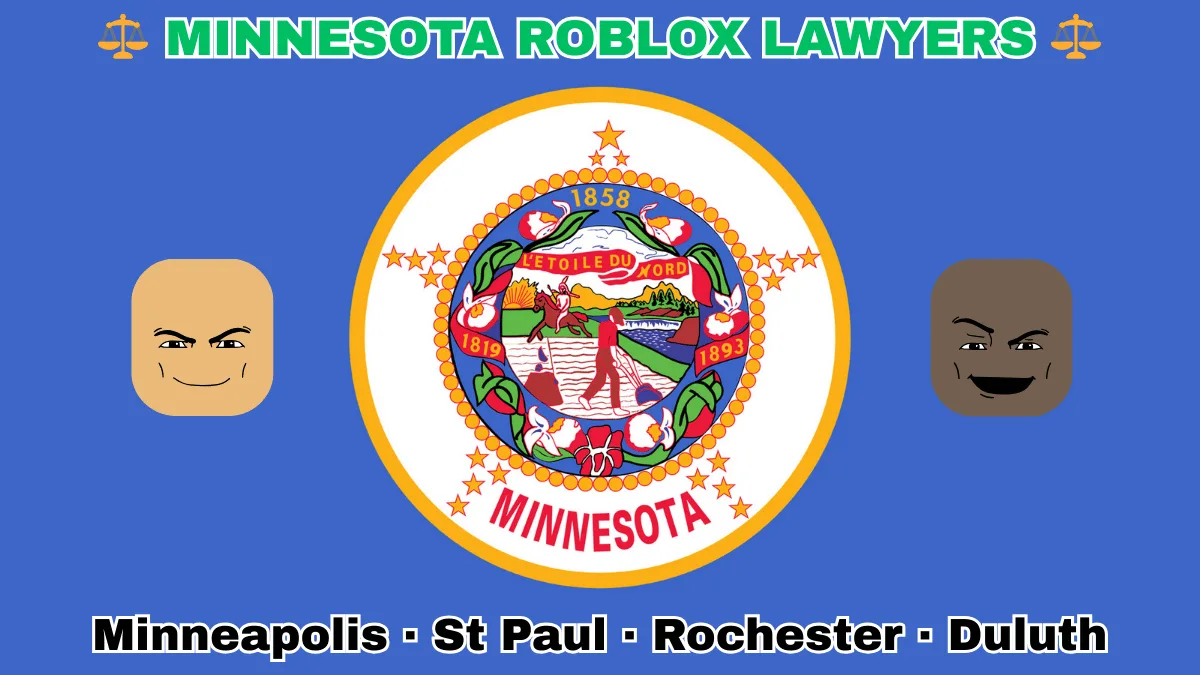 MINNESOTA ROBLOX LAWYERS: Minneapolis, St Paul, Rochester, and Duluth text on MN state flag adorned with game predators depicted on blue background near the official seal featuring a wreath of pink-and-white lady’s slippers
