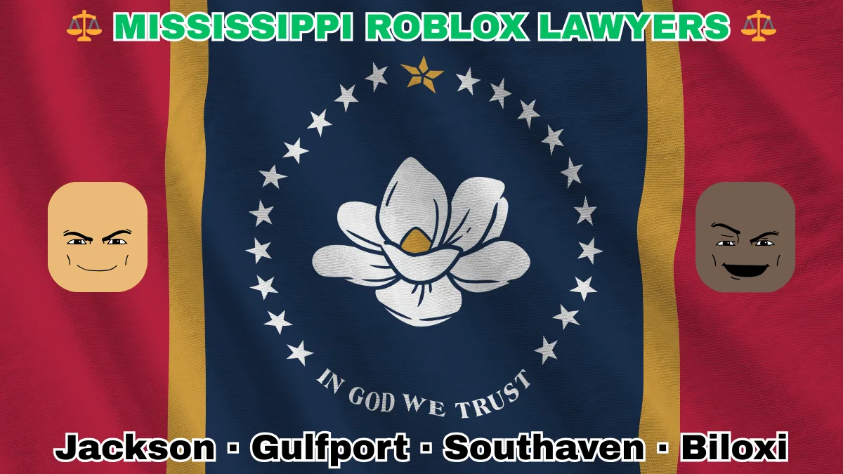 MISSISSIPPI ROBLOX LAWYERS: Jackson, Gulfport, Southaven, and Biloxi text on MS state flag adorned with game predators depicted along red, gold, and blue stripes near magnolia blossom and stars