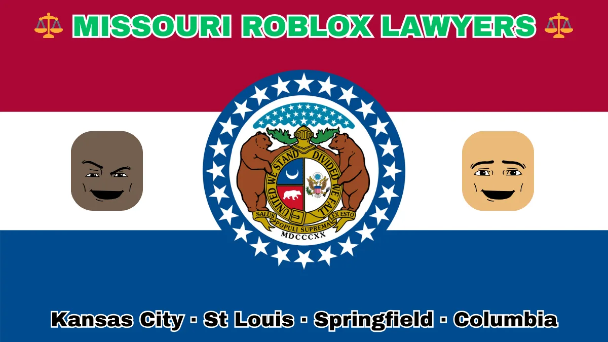 MISSOURI ROBLOX LAWYERS: Kansas City, St Louis, Springfield, and Columbia text on MO state flag adorned with game predators depicted near a ring of stars featuring two grizzly bears, a shield, and crescent moon, all on a red, white and blue background.