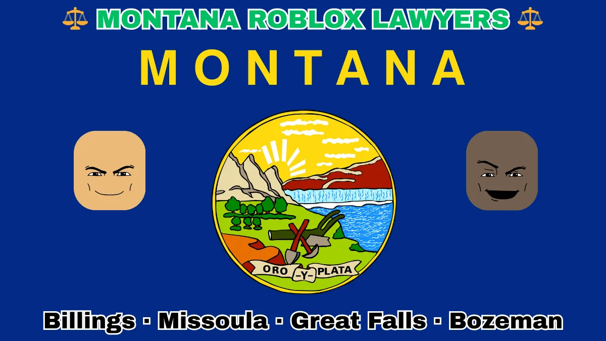 MONTANA ROBLOX LAWYERS: Billings, Missoula, Great Falls, and Bozeman text on MT state flag adorned with game predators depicted on a blue field near official seal featuring a plow and mountains