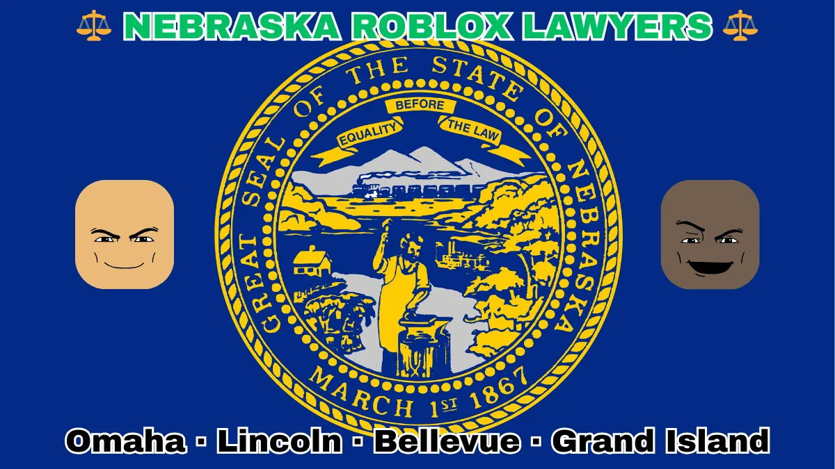 NEBRASKA ROBLOX LAWYERS: Omaha, Lincoln, Bellevue, and Grand Island text on NE state flag adorned with game predators depicted on a dark blue field near the official seal in gold