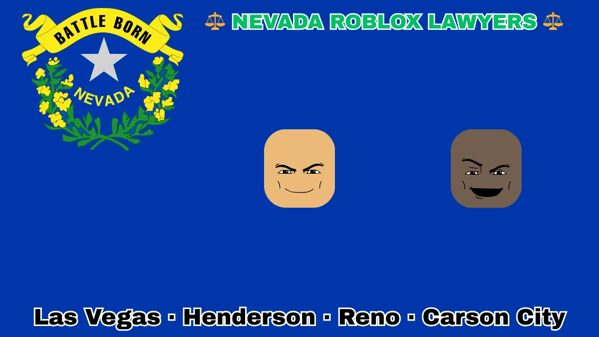 NEVADA ROBLOX LAWYERS: Las Vegas, Henderson, Reno, and Carson City text on NV state flag adorned with game predators depicted on a blue field near a silver star and “BATTLE BORN” motto