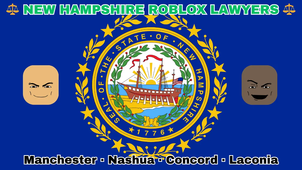 NEW HAMPSHIRE ROBLOX LAWYERS: Manchester, Nashua, Concord, and Laconia text on NH state flag adorned with game predators depicted on blue field near a Portsmouth's frigate encircled by laurel leaves and stars