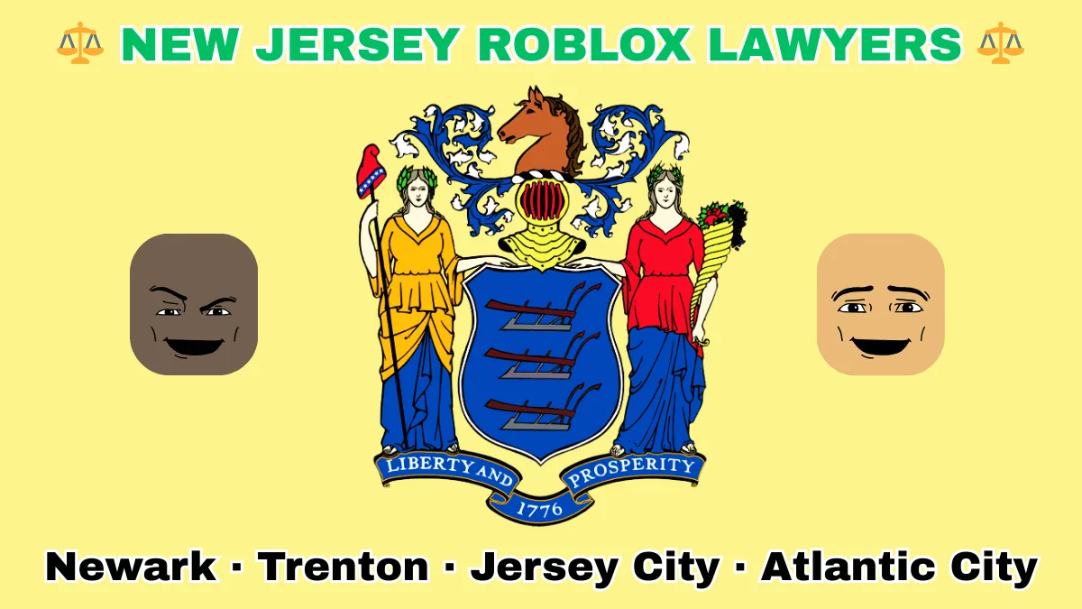 NEW JERSEY ROBLOX LAWYERS: Newark, Trenton, Jersey City, and Atlantic City text on NJ state flag adorned with game predators depicted near a shield with three plows, the goddesses Liberty and Ceres, and a horse head.