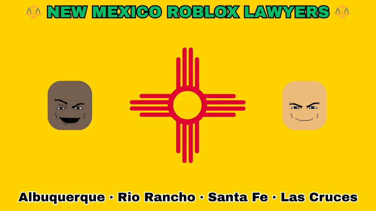 NEW MEXICO ROBLOX LAWYERS: Albuquerque, Rio Rancho, Santa Fe, and Las Cruces text on NM state flag adorned with game predators depicted on a yellow background near a red Zia sun symbol