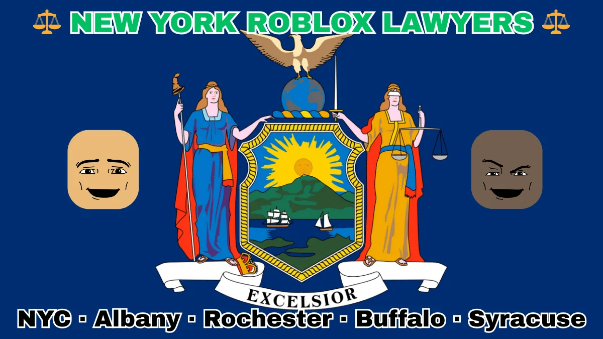 NEW YORK ROBLOX LAWYERS: NYC, Albany, Rochester, Buffalo, and Syracuse text on NY state flag adorned with game predators depicted near Liberty and Justice holding a sword and scales, an eagle atop a globe, and a shield featuring the sun shining over the mountains onto Hudson River boaters.