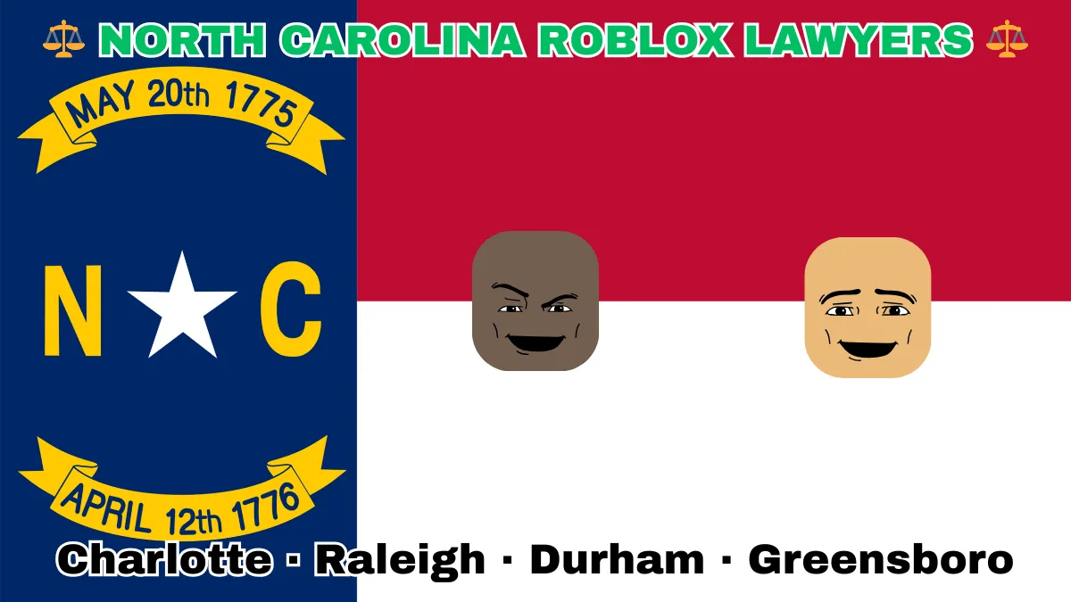 NORTH CAROLINA ROBLOX LAWYERS: Charlotte, Raleigh, Durham, and Greensboro text on NC state flag adorned with game predators depicted near a star along blue, red and white color blocks.