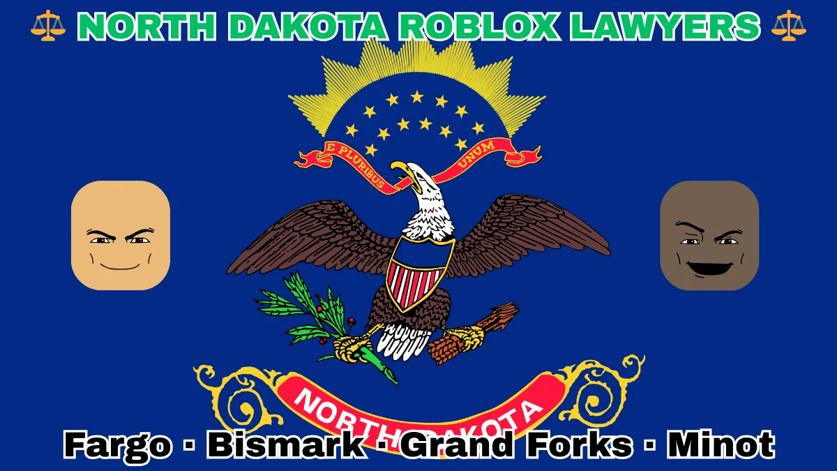 NORTH DAKOTA ROBLOX LAWYERS: Fargo, Bismark, Grand Forks, and Minot text on ND state flag adorned with game predators depicted on a blue field near a bald eagle, ribbon, and shield.