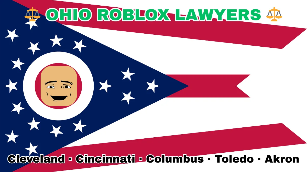 OHIO ROBLOX LAWYERS: Cleveland, Cincinnati, Columbus, Toledo, and Akron text on OH state flag adorned with game predators depicted near a triangular swallowtail with red, white, and blue stripes and stars.