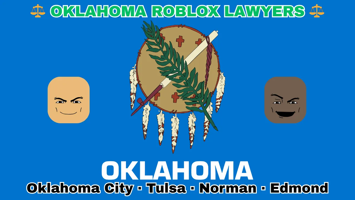 OKLAHOMA ROBLOX LAWYERS: Oklahoma City, Tulsa, Norman, and Edmond text on OK state flag adorned with game predators depicted on a sky blue field near an Osage shield featuring an olive branch and peace pipe