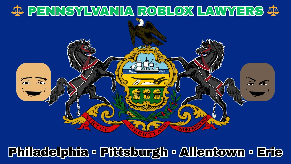 PENNSYLVANIA ROBLOX LAWYERS: Philadelphia, Pittsburgh, Allentown, and Erie text on PA state flag adorned with game predators depicted near horses and an eagle flanking a shield featuring a ship, plow, and sheaves of wheat.