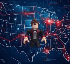 Roblox game character on a USA national map of all 50 state litigation districts.