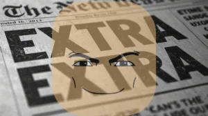 Roblox face in beige shown on newspaper print reading 
