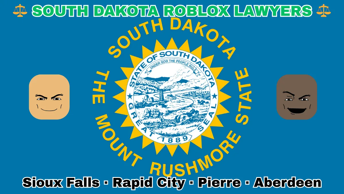SOUTH DAKOTA ROBLOX LAWYERS: Sioux Falls, Rapid City, Pierre, and Aberdeen text on SD state flag adorned with game predators depicted on a blue field near the official seal and words "THE MOUNT RUSHMORE STATE"