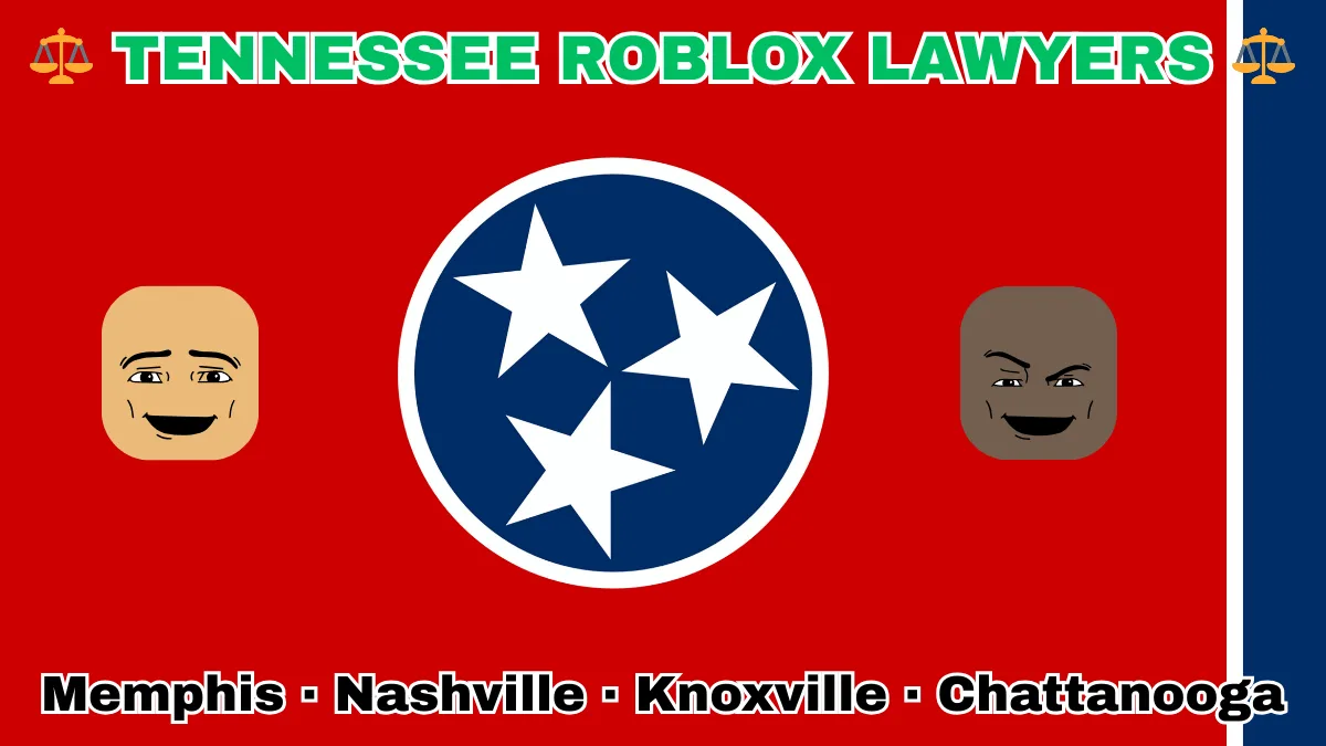 TENNESSEE ROBLOX LAWYERS: Memphis, Nashville, Knoxville, and Chattanooga text on TN state flag adorned with game predators depicted on a red background near three white stars on a blue circle and vertical blue stripe.