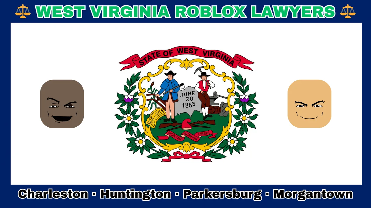 WEST VIRGINIA ROBLOX LAWYERS: Charleston, Huntington, Parkersburg, and Morgantown text on WV state flag adorned with game predators depicted on a white field with blue border near the official seal encircled by rhododendrons