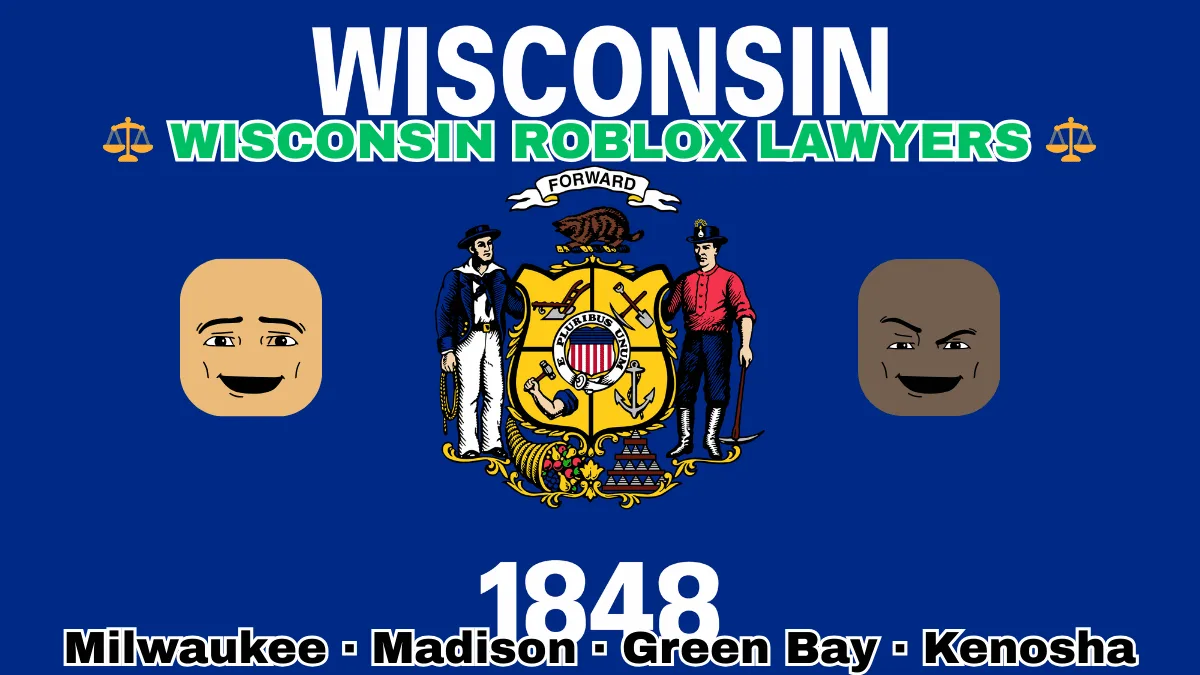 WISCONSIN ROBLOX LAWYERS: Milwaukee, Madison, Green Bay, and Kenosha text on WI state flag adorned with game predators depicted near a sailor and miner flanking a shield featuring agriculture, mining, manufacturing, and navigation, a badger above, and a cornucopia and lead ingot.