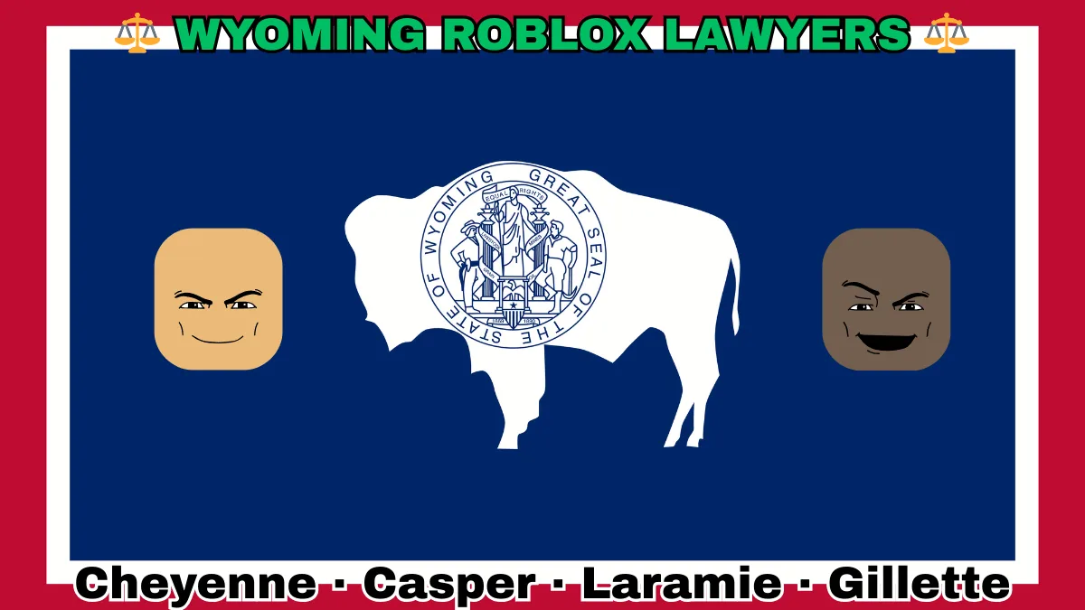 WYOMING ROBLOX LAWYERS: Cheyenne, Casper, Laramie, and Gillette text on WY state flag adorned with game predators depicted on a blue field bordered in white and red near a white bison bearing the official seal.